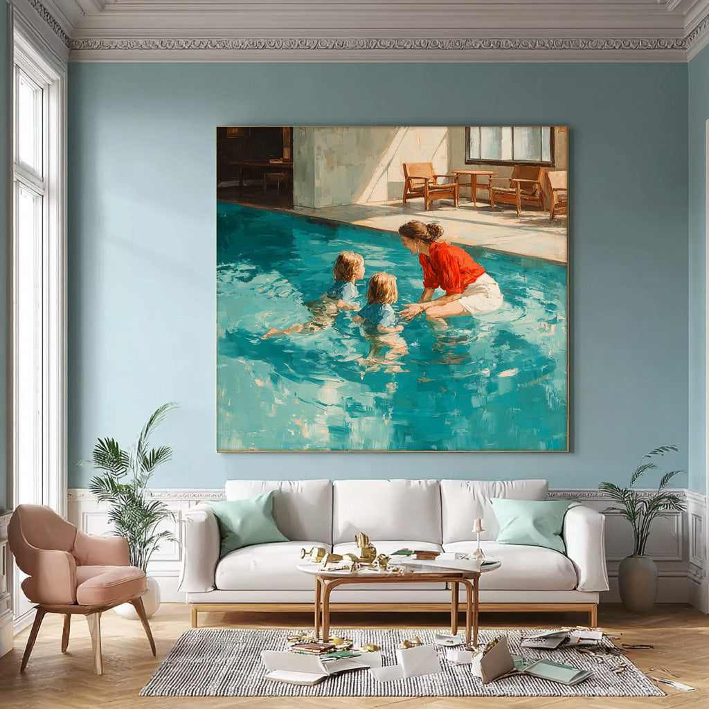 Original Family swimming Wall Art Square Diving In Ocean Mother And Her child Acrylic Painting Large Artwork