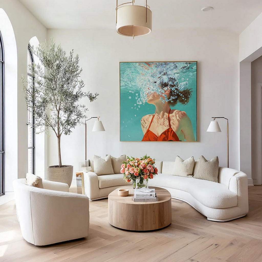 Square Diving In Ocean Sensual Woman Acrylic Painting Original Girl swimming Wall Art Lovely Lady Artwork