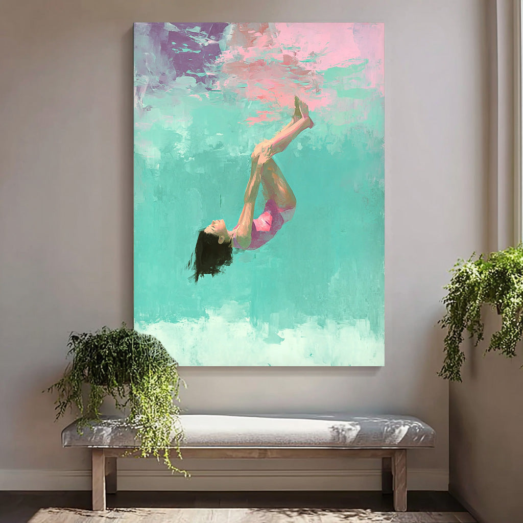 Diving In Ocean Sensual Woman Acrylic Painting Lovely Lady Artwork Original Girl swimming Wall Art