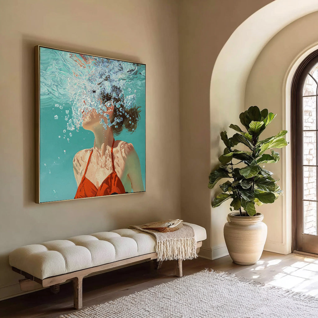 Square Diving In Ocean Sensual Woman Acrylic Painting Original Girl swimming Wall Art Lovely Lady Artwork
