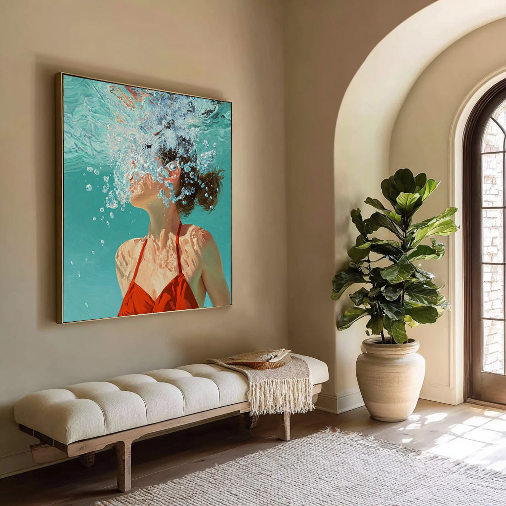 Square Diving In Ocean Sensual Woman Acrylic Painting Original Girl swimming Wall Art Lovely Lady Artwork