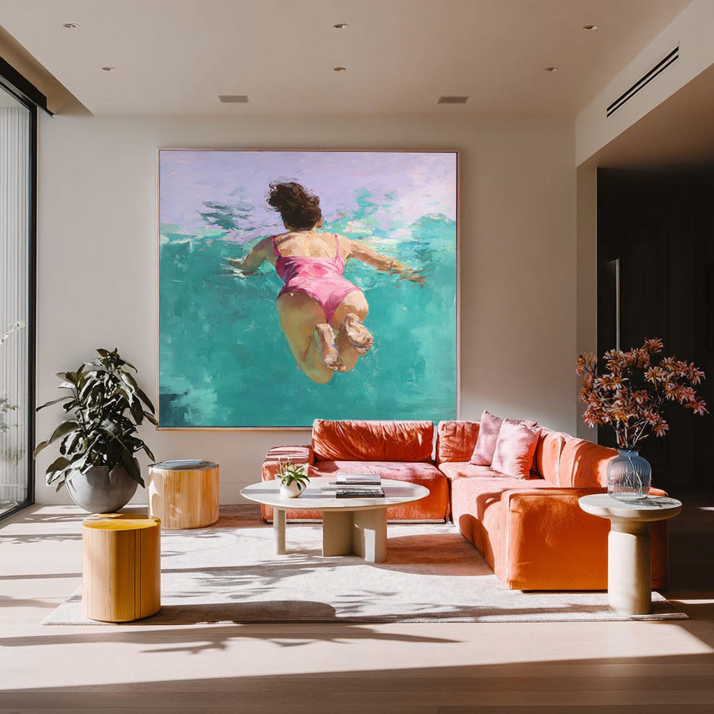 Color Original Girl swimming Wall Art Diving In Ocean Sensual Woman Acrylic Painting Cute Lady Artwork