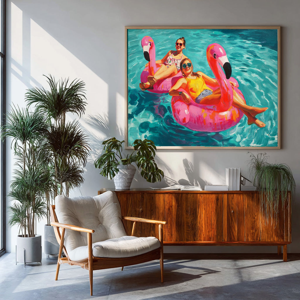 Abstract Colorful Flamingo Artwork Original Girl Water Entertainment Sensual Lady Swimming Wall Art