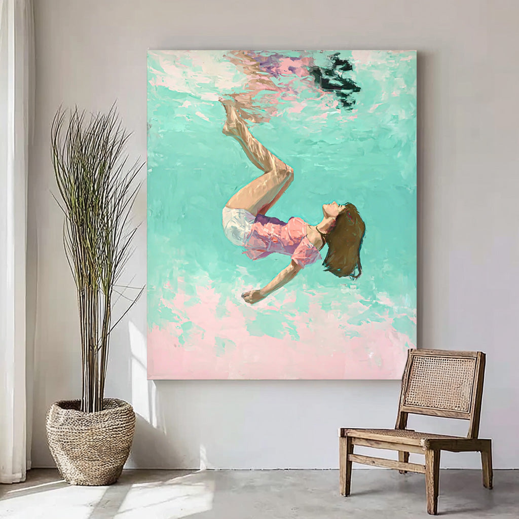 Green And Pink Diving In Ocean Woman Acrylic Painting Cute Lady Artwork Original Girl swimming Wall Art