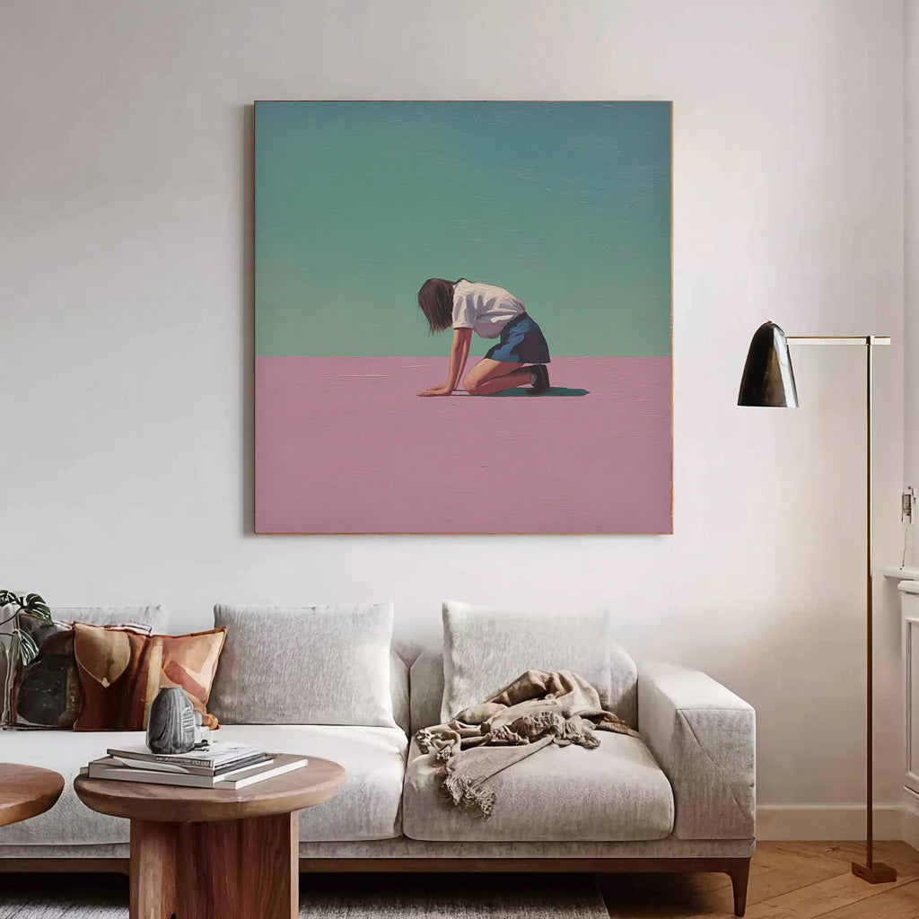 Abstract Warm atmosphere Art Minimalist Girl Painting Original Pink And Green Wall Art For Living Room