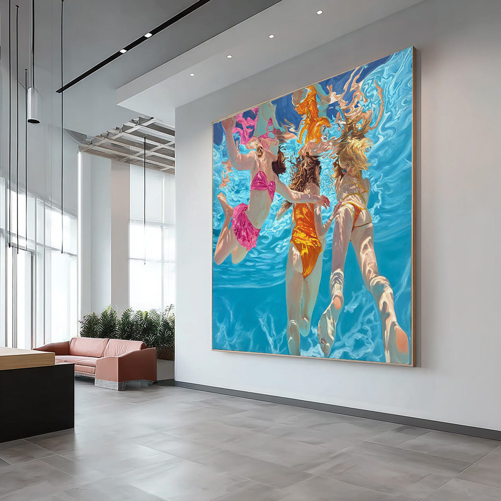 Original Girl swimming Wall Art Diving In Ocean Sensual Woman Acrylic Painting Lovely Lady Artwork
