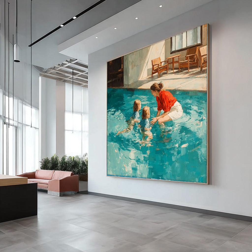 Original Family swimming Wall Art Square Diving In Ocean Mother And Her child Acrylic Painting Large Artwork