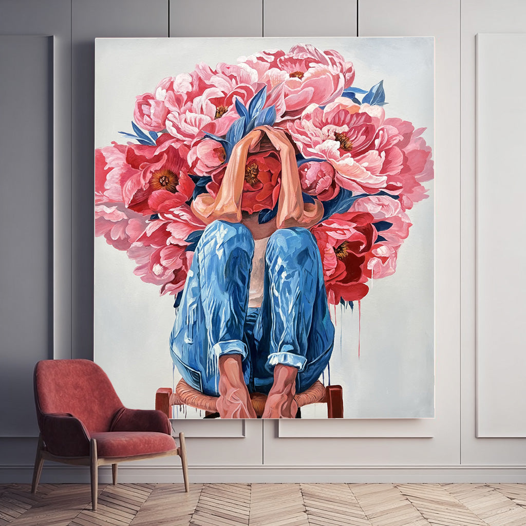 Original Beautiful Peony People Artwork Abstract Figure Painting Canvas Large Woman Wall Art Home Decor