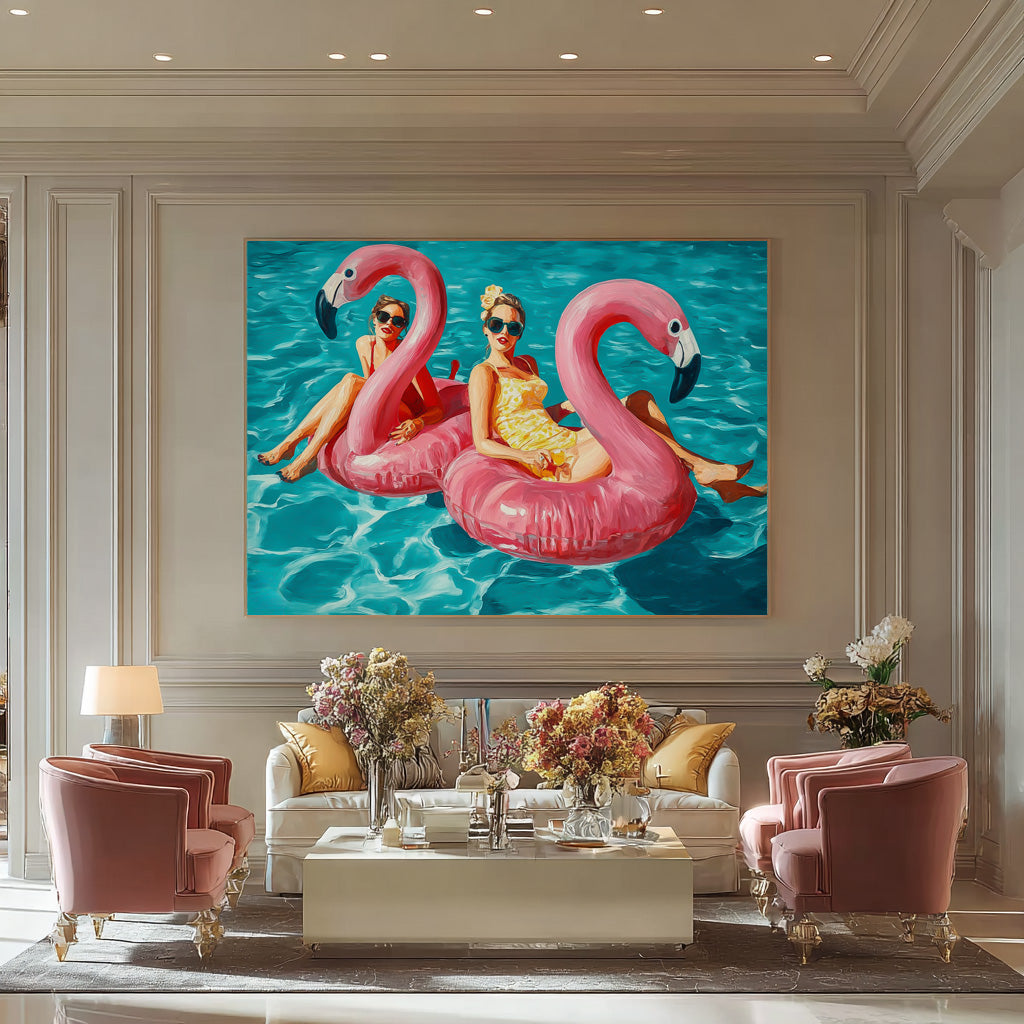 Original Girl Water Entertainment Abstract Colorful Flamingo Artwork Sensual Lady Swimming Wall Art