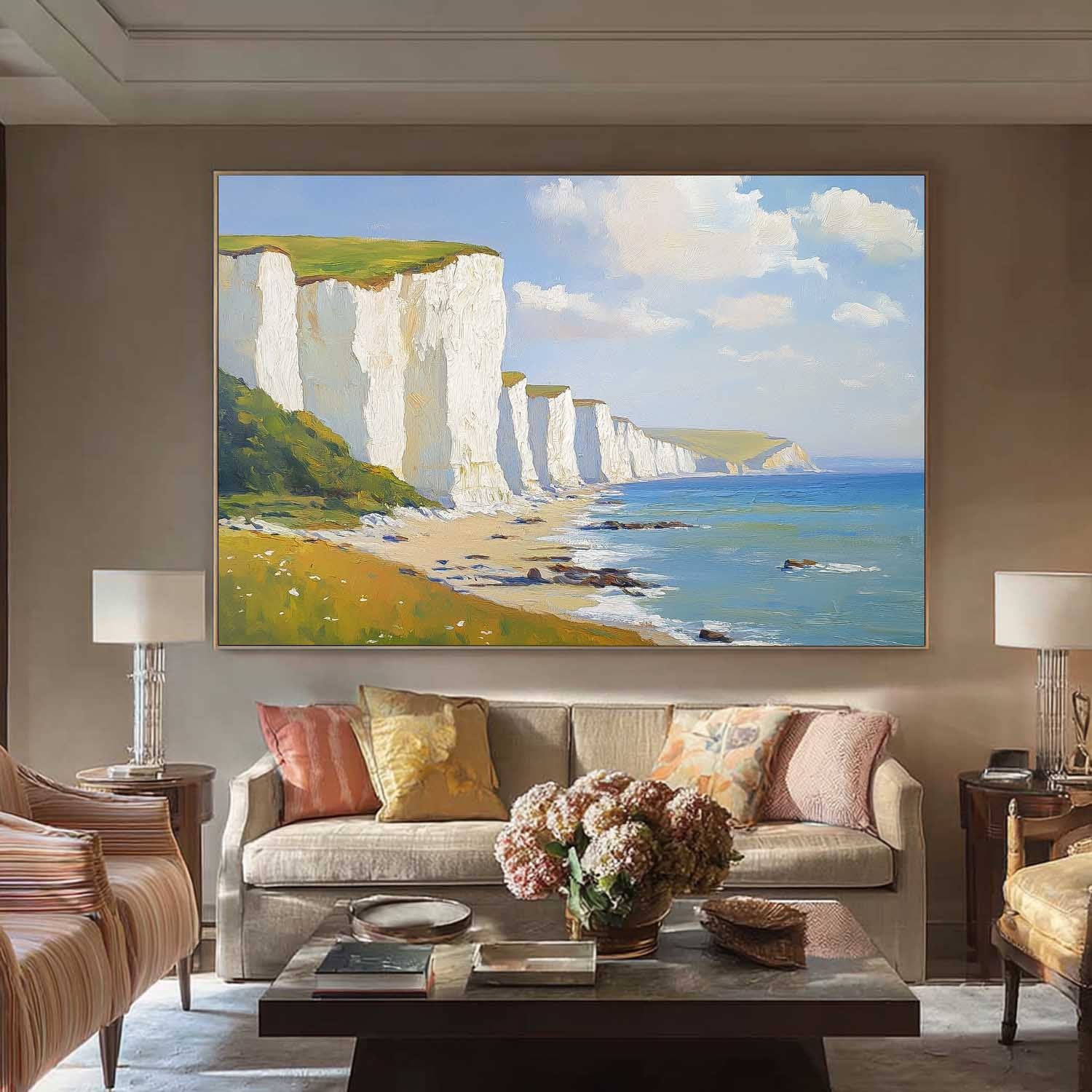 Abstract Tranquil Sea View Landscape White Cliffs And Coastal Scenery Painting Large Fresh Blues Wall Art