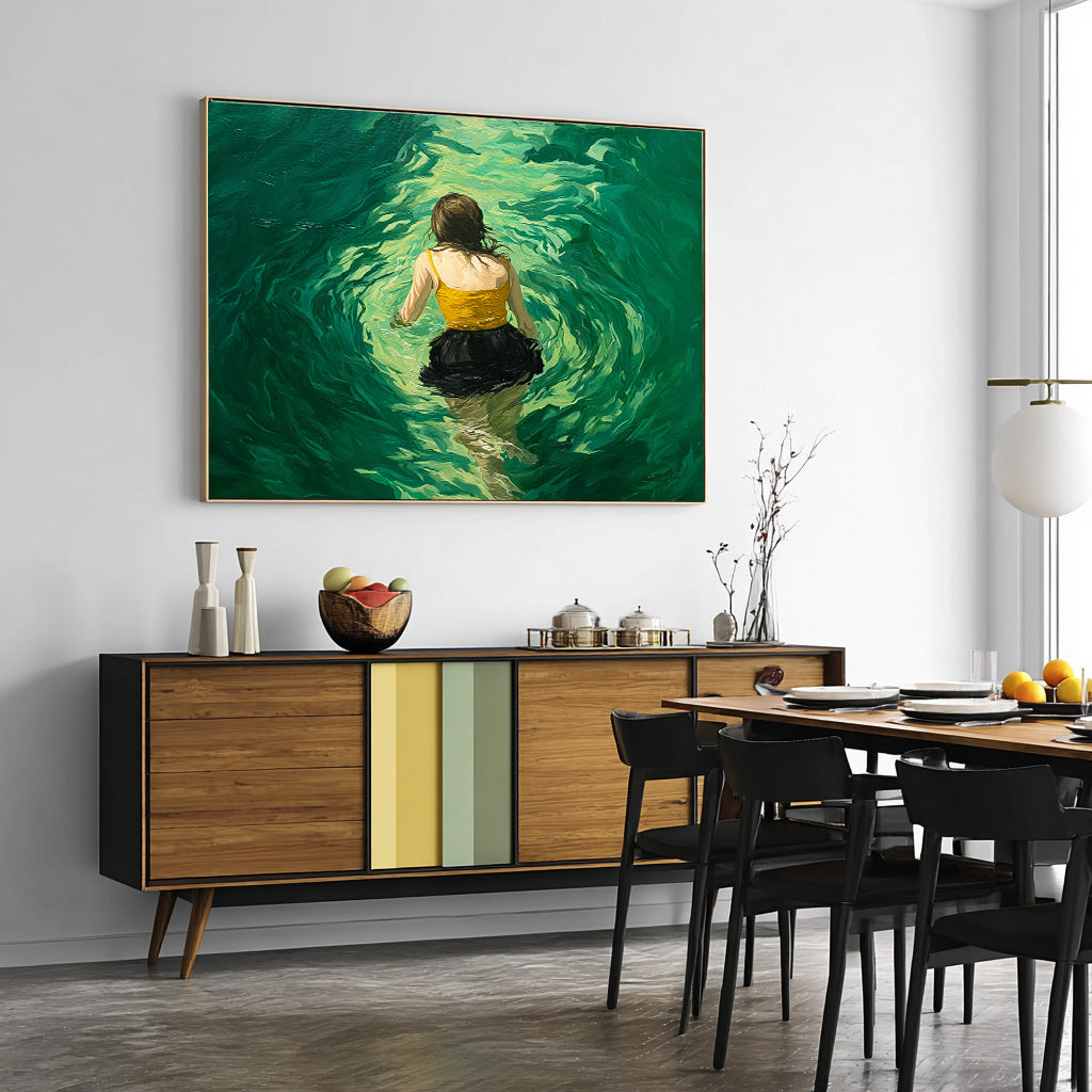 Abstract Green Artwork Original Girl Diving In Ocean Painting Sensual Lady Figure Swimming Wall Art
