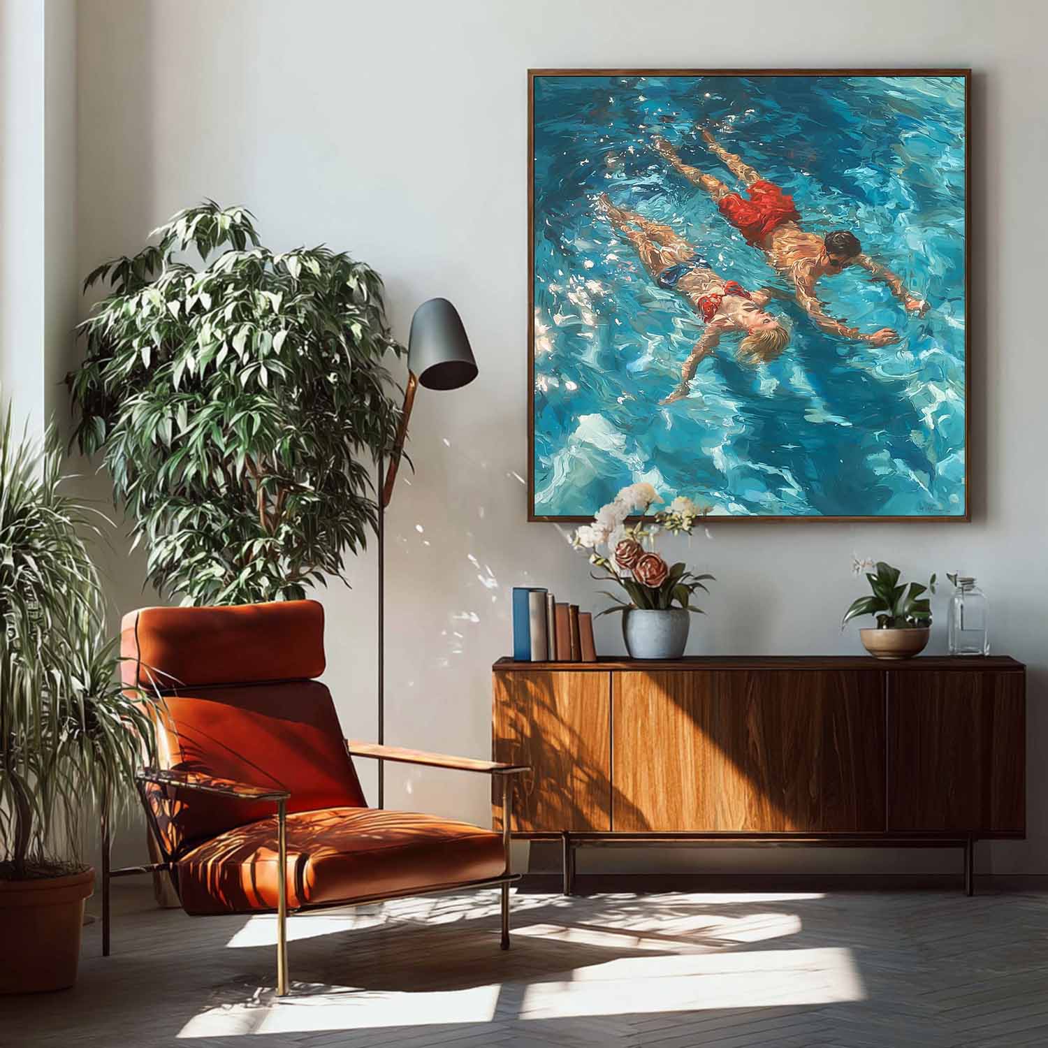 Original Couple swimming Wall Art Lady And Man Artwork Square Diving In Ocean Acrylic Painting