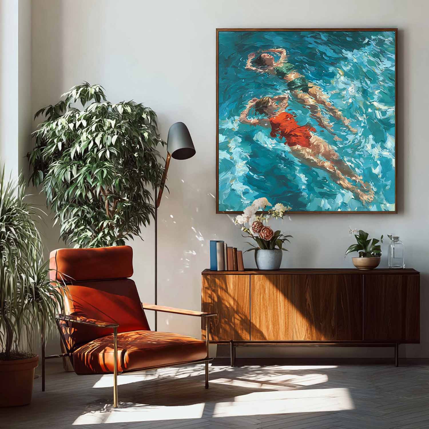 Original Best Friend swimming Wall Art Lady Artwork Square Diving In Ocean Sisters Acrylic Painting
