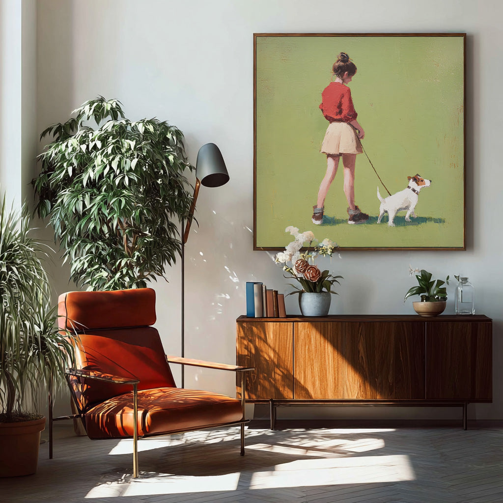 Green Grassland Wall Art Minimalist Girl Walking The Dog Painting Abstract Warm And Peaceful atmosphere