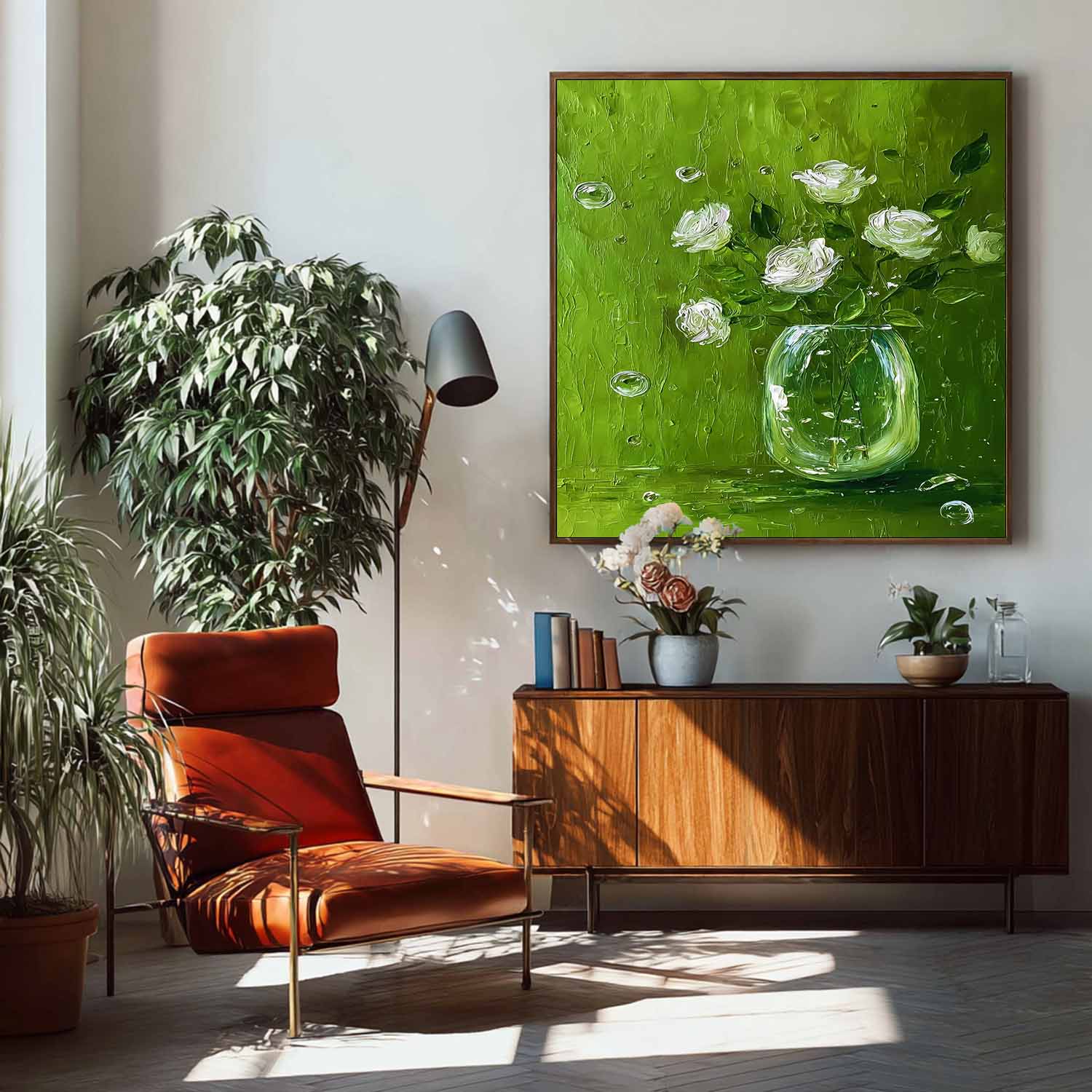 Modern Fresh Green & White Square Floral Canvas Textured Rose Oil Painting Healing Aesthetic Still Life Decor