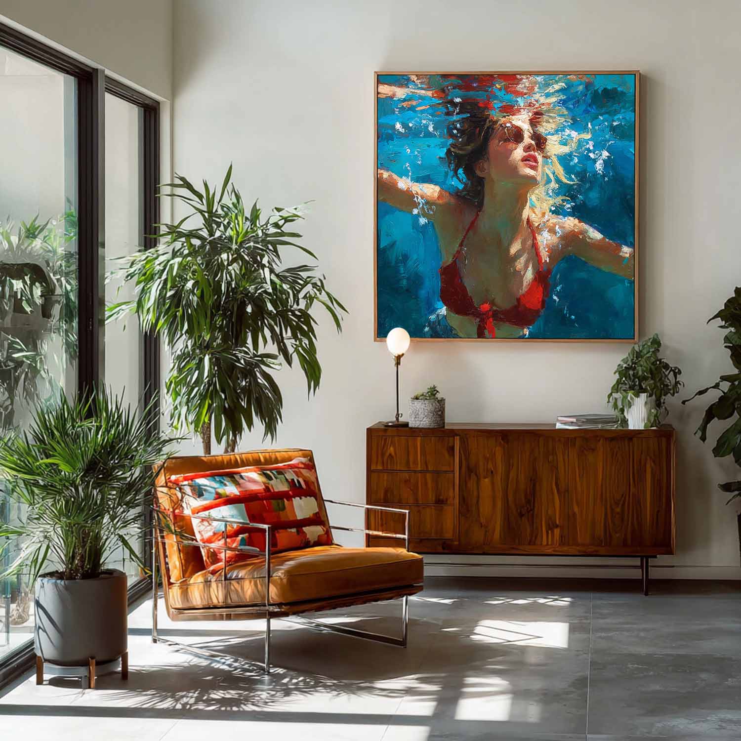 Lady Artwork Original Woman swimming Wall Art Square Diving In Ocean Girl Acrylic Painting Home Decor