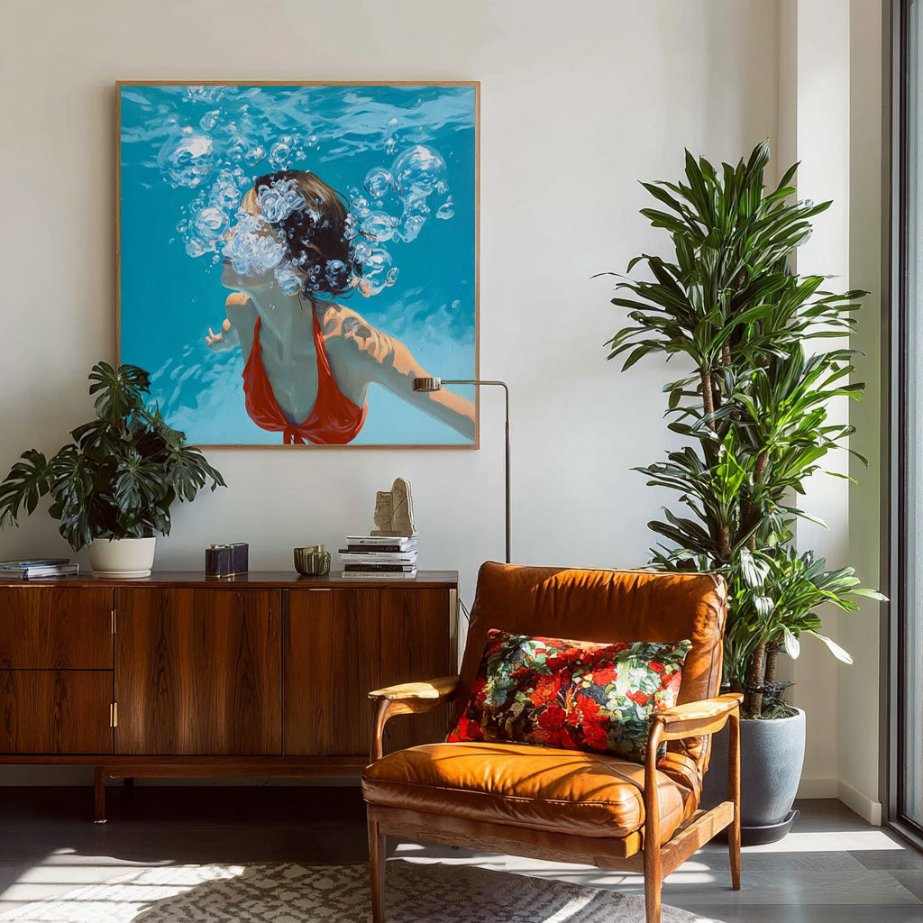 Lovely Lady Artwork Square Diving In Ocean Sensual Woman Acrylic Painting Original Girl swimming Wall Art