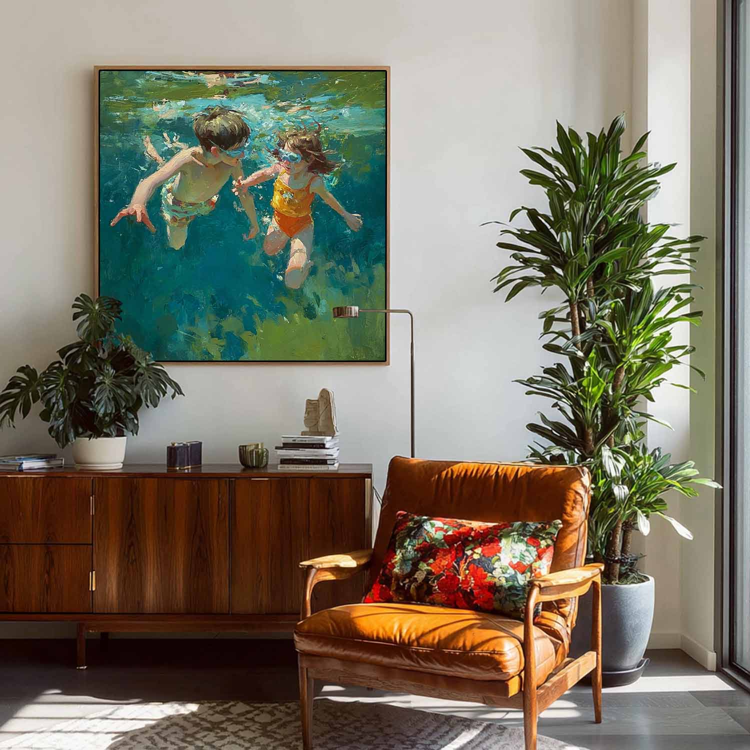 Square Diving In Ocean Acrylic Painting Two Children Artwork Original Child swimming Wall Art For Living Room