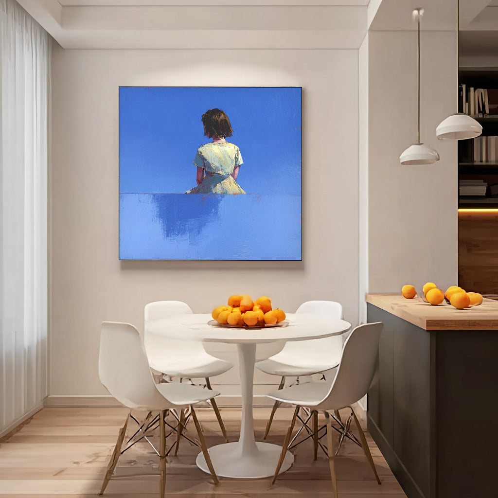 Abstract Warm atmosphere Art Minimalist Girl Back View Painting Original Blue Wall Art For Living Room
