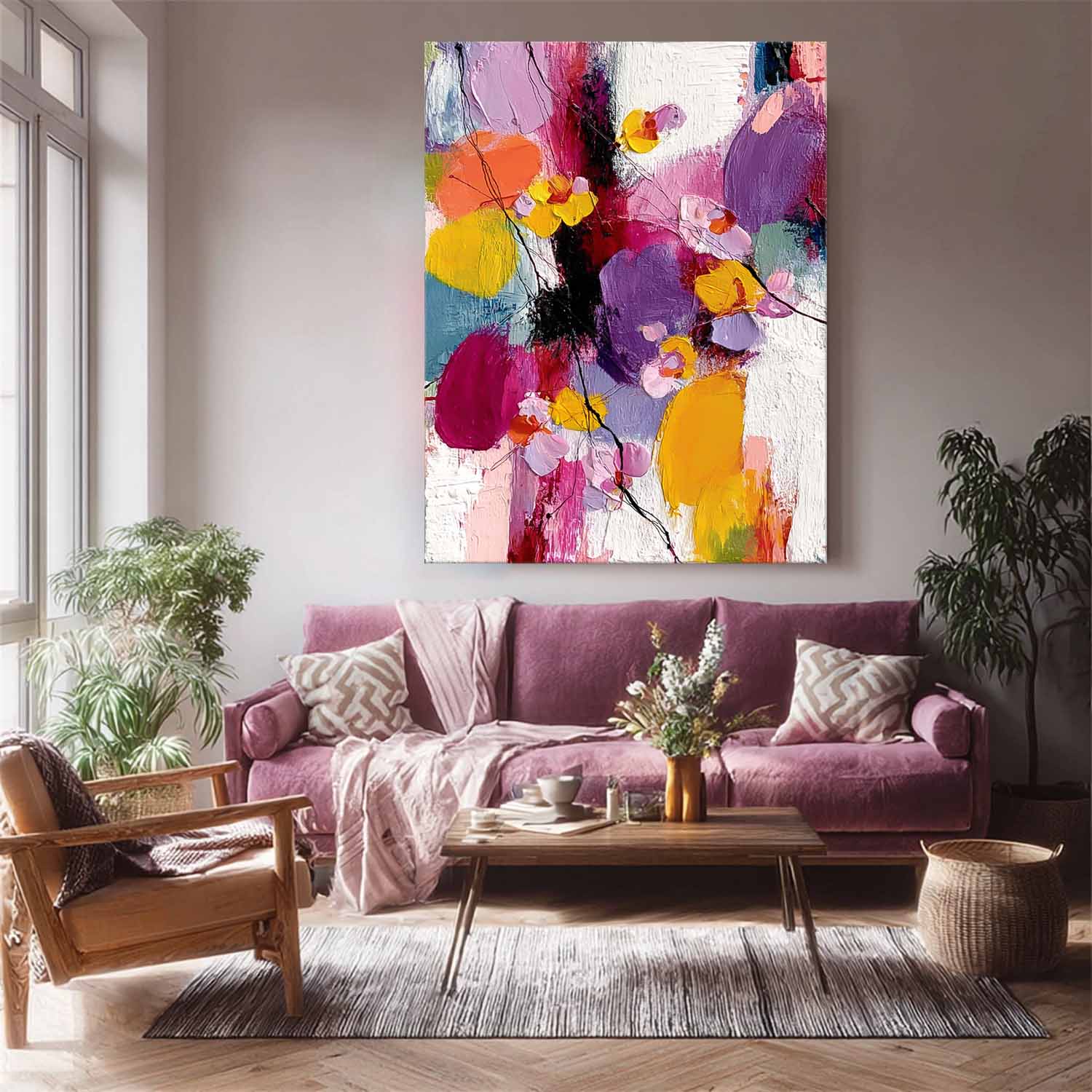 Large Color Flower Abstract Painting Canvas Original Graffiti Artwork Texture Plant Wall Art Home Decor