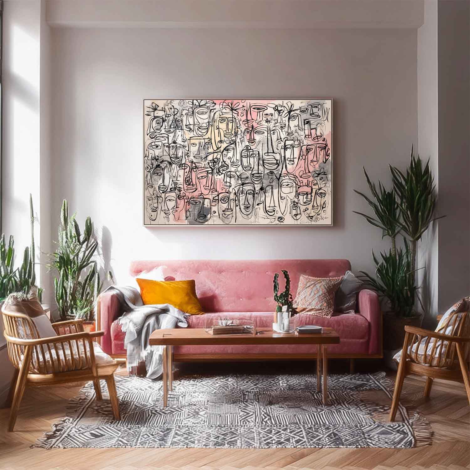 Abstract Line Face Painting Canvas Graffiti Artwork Framed Original Minimalism Modern Style Wall Art