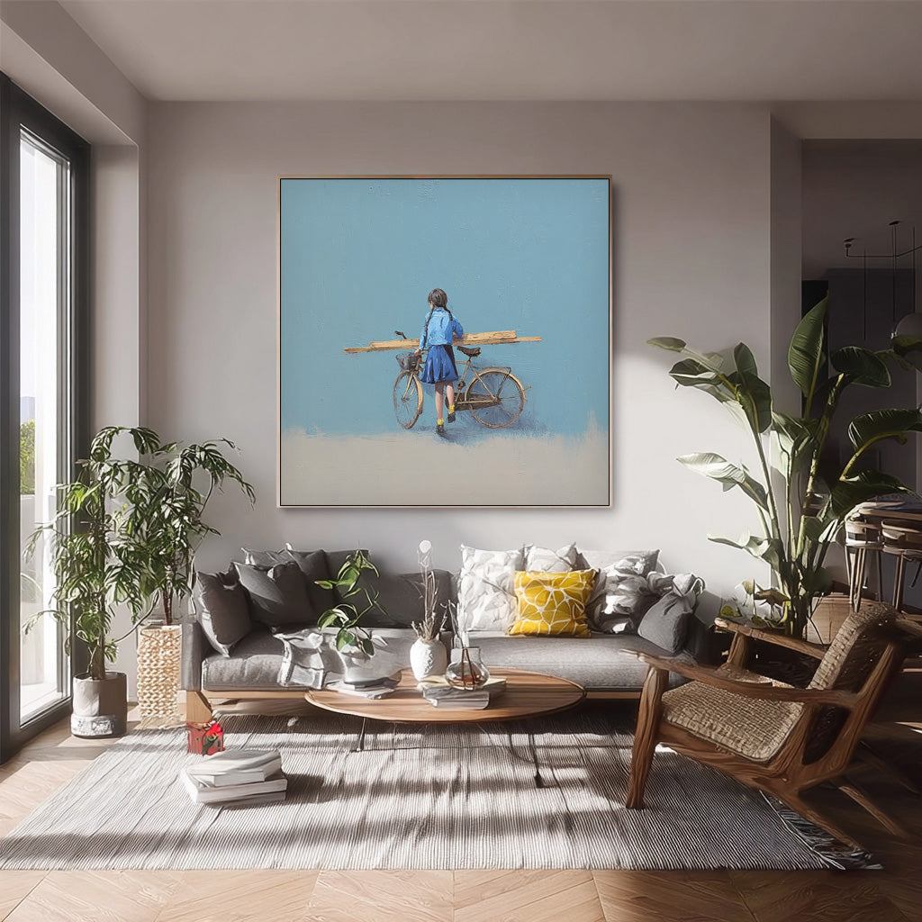 Blue Wall Art Minimalist Girl Riding A Bicycle Painting Abstract Warm atmosphere Art For Living Room