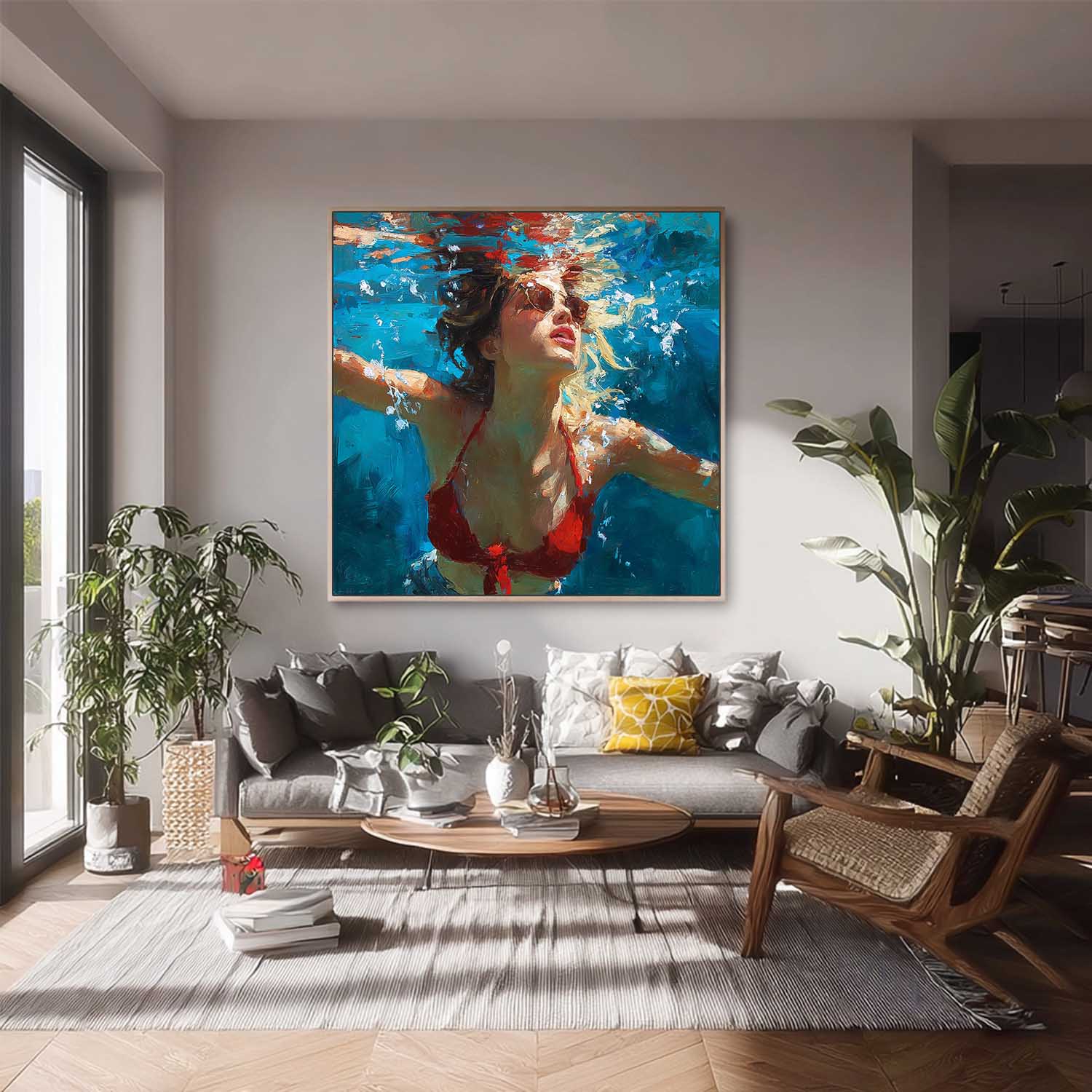 Lady Artwork Original Woman swimming Wall Art Square Diving In Ocean Girl Acrylic Painting Home Decor