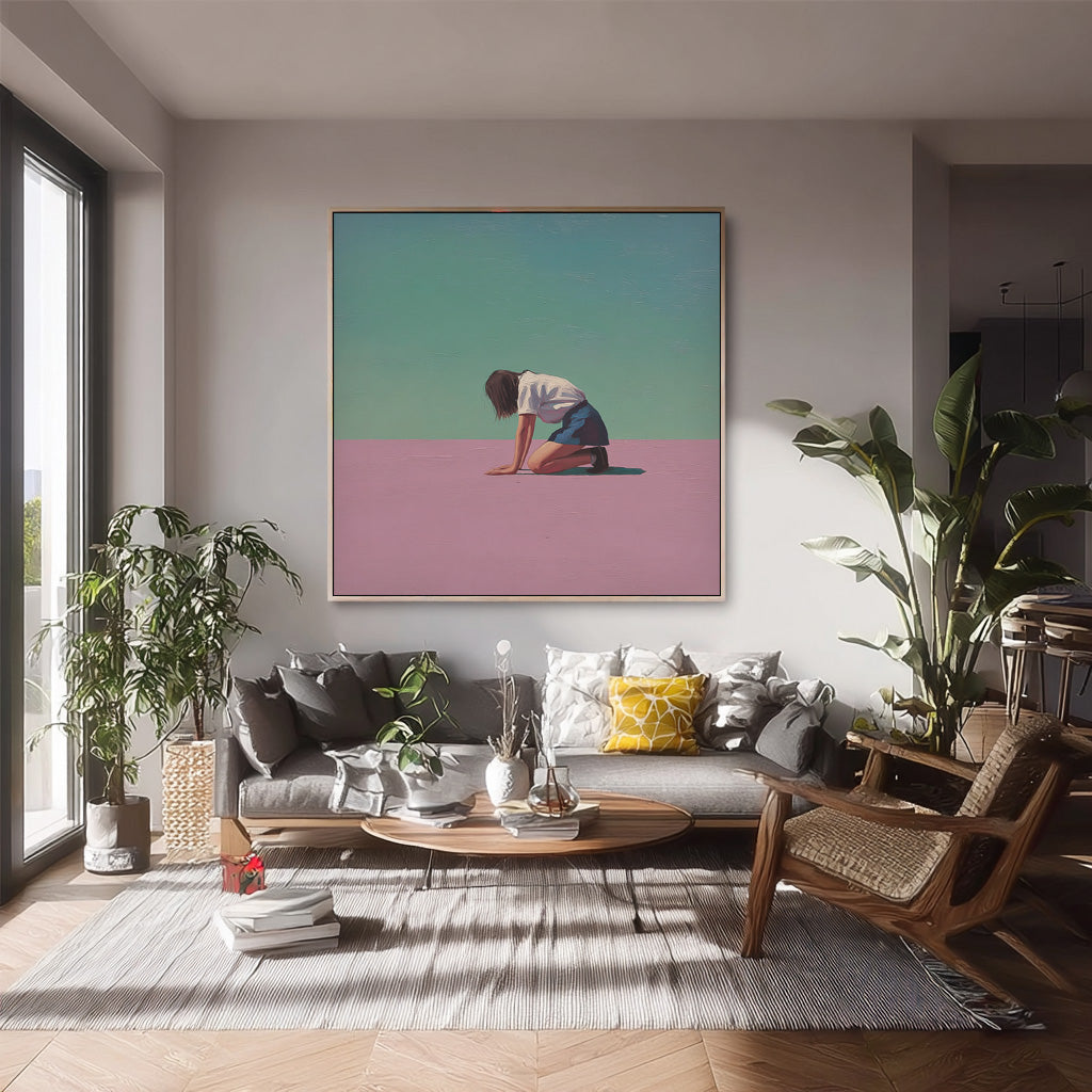 Abstract Warm atmosphere Art Minimalist Girl Painting Original Pink And Green Wall Art For Living Room