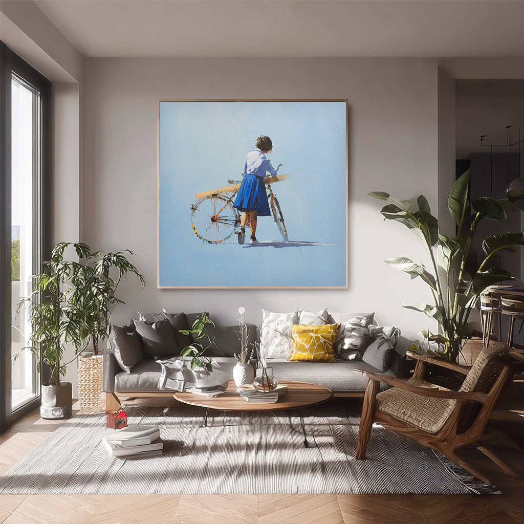 Minimalist Girl Riding A Bicycle Painting Blue Wall Art Abstract Warm atmosphere Art For Living Room