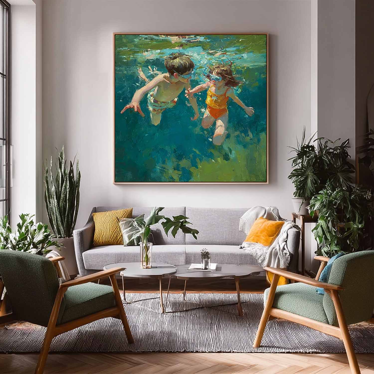 Square Diving In Ocean Acrylic Painting Two Children Artwork Original Child swimming Wall Art For Living Room