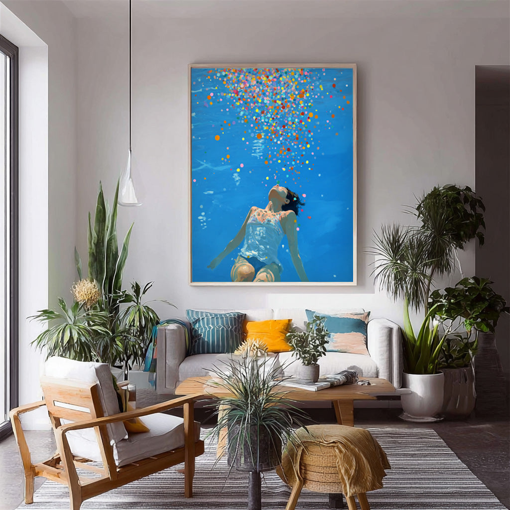 Blue Abstract Swimming Girl Wall Art Diving Oil painting Diving in Ocean Woman Handmade Canvas Artwork