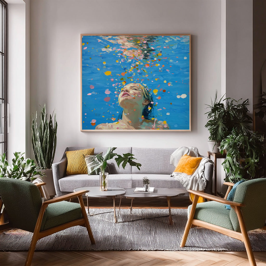 Blue Abstract Swimming Girl Wall Art Diving Oil painting Diving in Ocean Woman Handmade Canvas Artwork