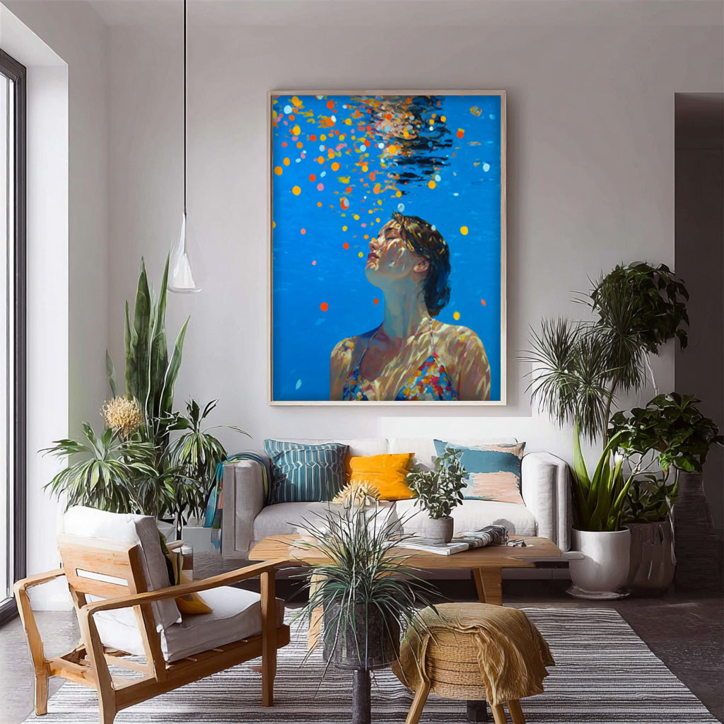 Diving in Ocean Woman Handmade Canvas Artwork Blue Abstract Swimming Girl Wall Art Diving Oil painting