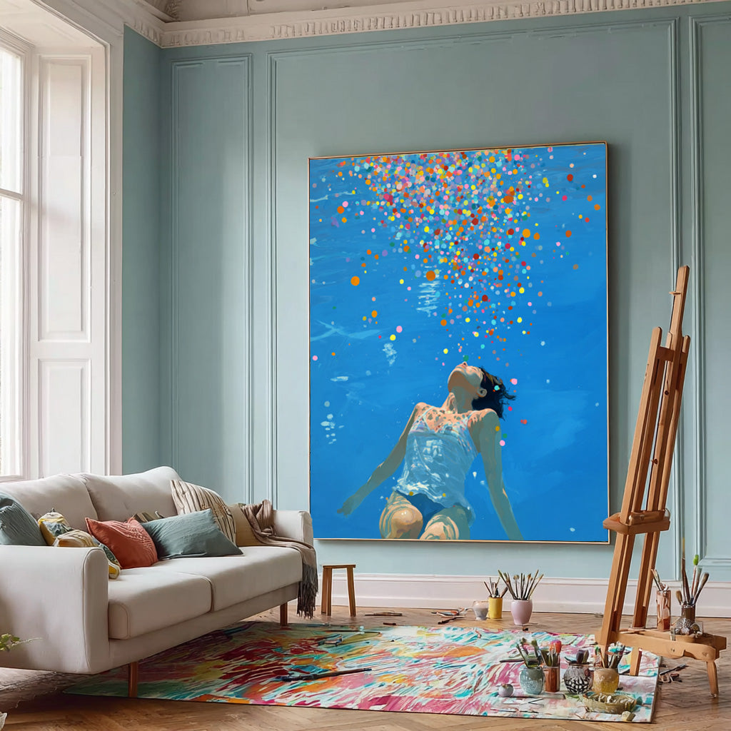 Blue Abstract Swimming Girl Wall Art Diving Oil painting Diving in Ocean Woman Handmade Canvas Artwork