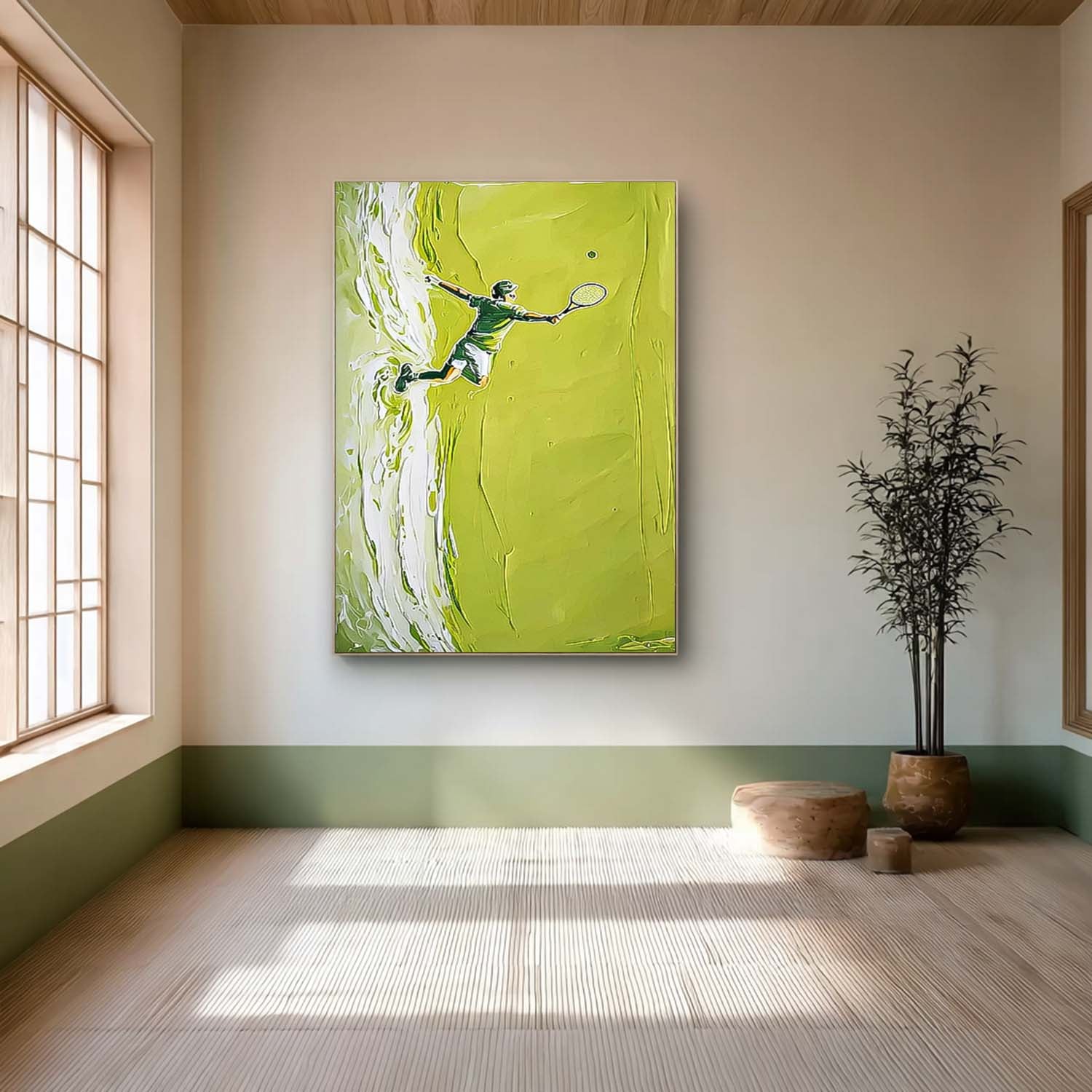 Large Green Tennis Court Painting Textured Wall Art Abstract Tennis Sports Art on Canvas Tennis Lovers Gift