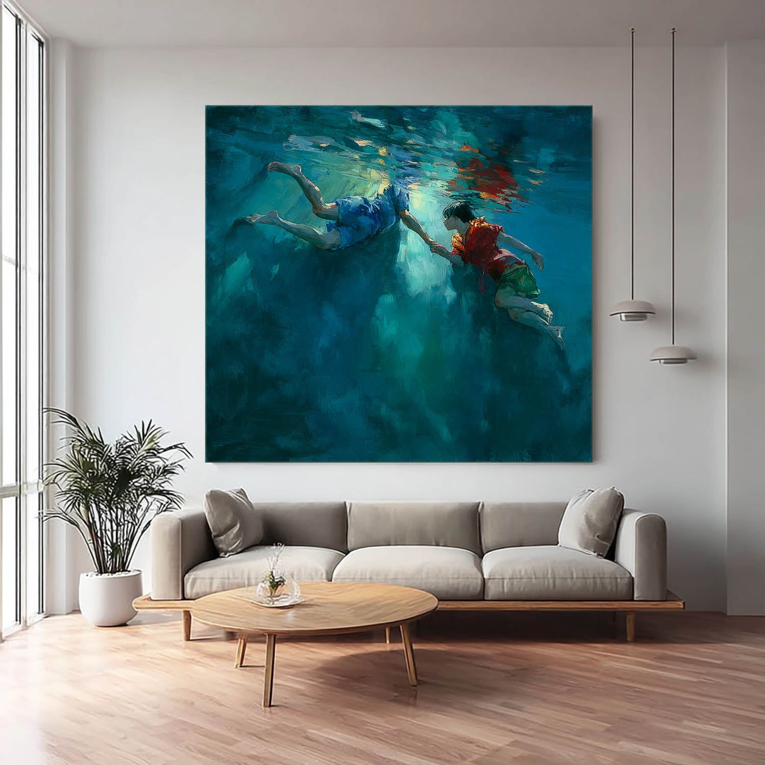 Two Children Artwork Square Diving In Ocean Acrylic Painting Original Child swimming Wall Art For Living Room