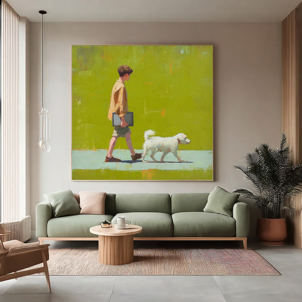 Minimalist Boy Walking The Dog Painting Abstract Peaceful atmosphere Landscape Green Grassland Wall Art