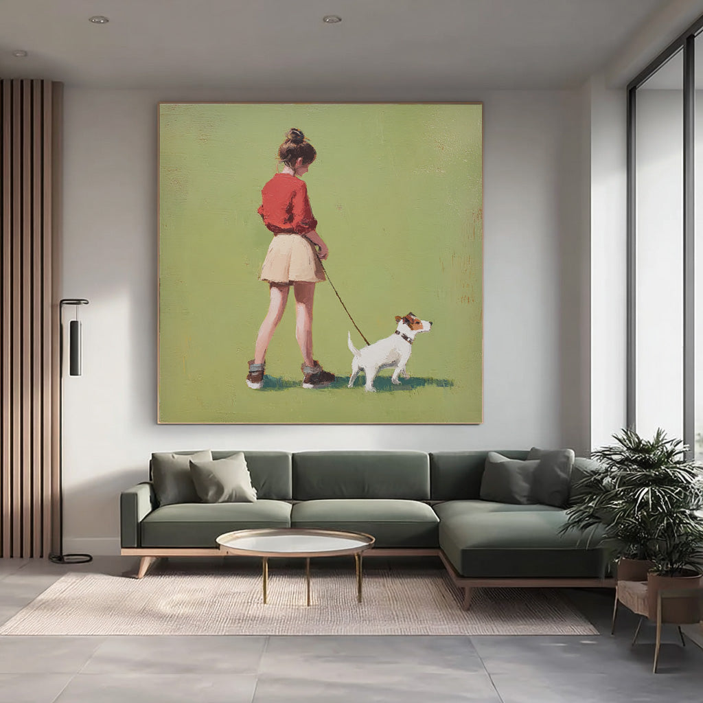 Green Grassland Wall Art Minimalist Girl Walking The Dog Painting Abstract Warm And Peaceful atmosphere