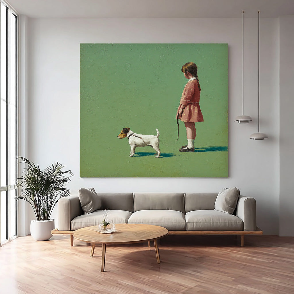 Minimalist Girl Walking The Dog Painting Green Grassland Wall Art Abstract Warm And Peaceful atmosphere