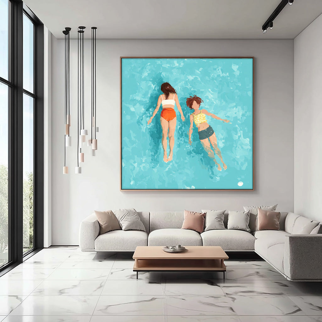 Original Girl swimming Wall Art Young Lady Artwork Square Diving In Ocean Sensual Woman Acrylic Painting