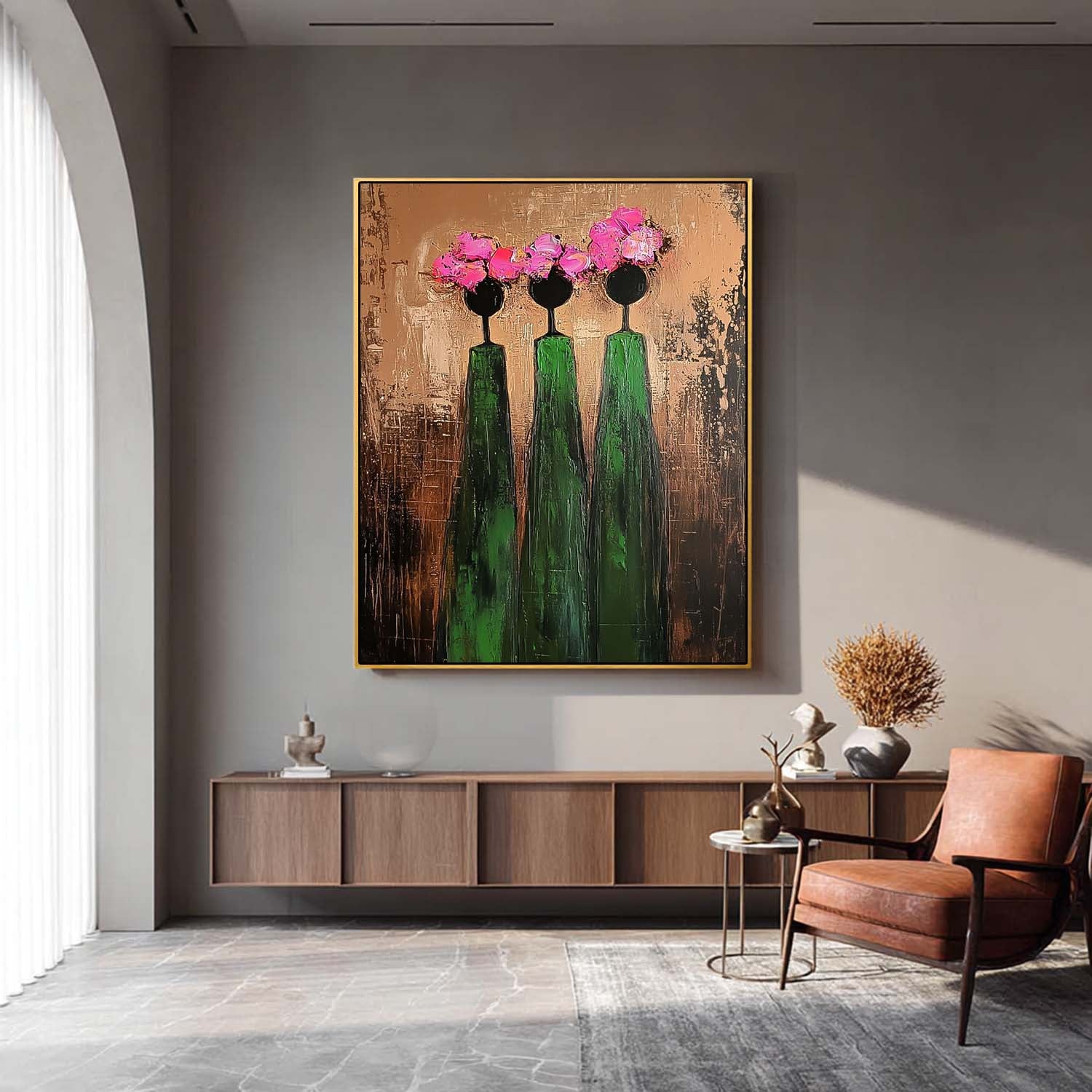 Pink And Green Modern People Silhouette Wall Art Original Retro Painting Abstract Simple Characters Artwork