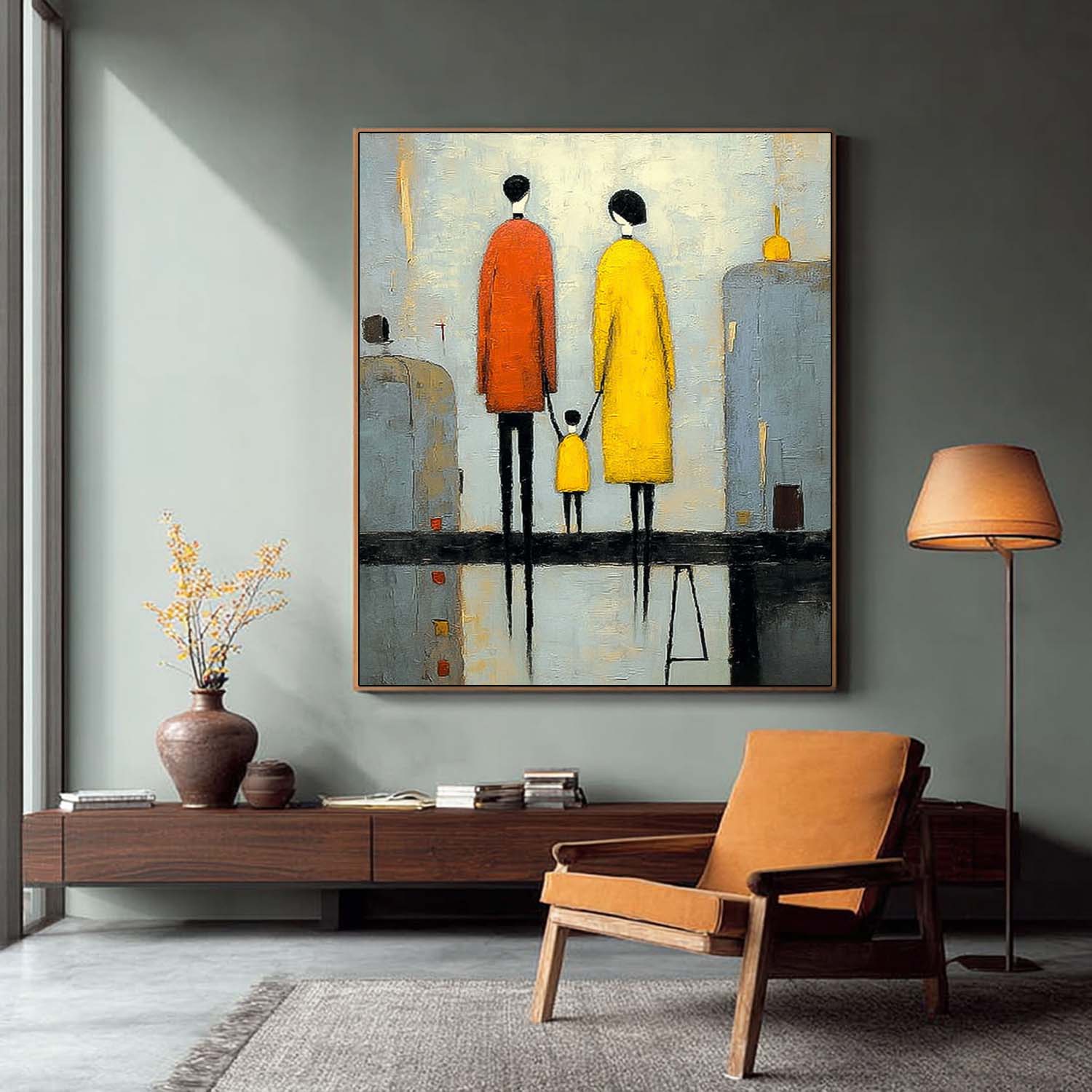 Minimalist Family Wall Art Original Neutral Background Oil Painting Modern City Silhouette Home Decor