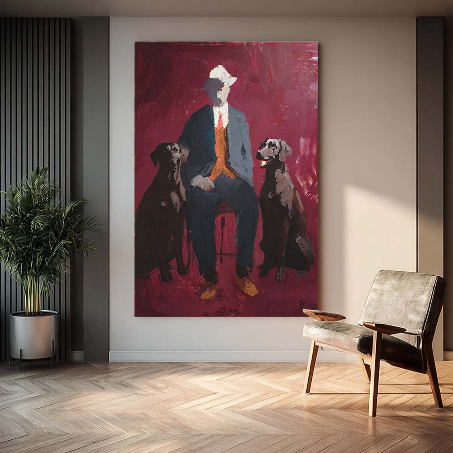 Vintage Oil Painting Man With Two Dogs On Deep Red Background Classic Portrait Art Handmade Wall Decor