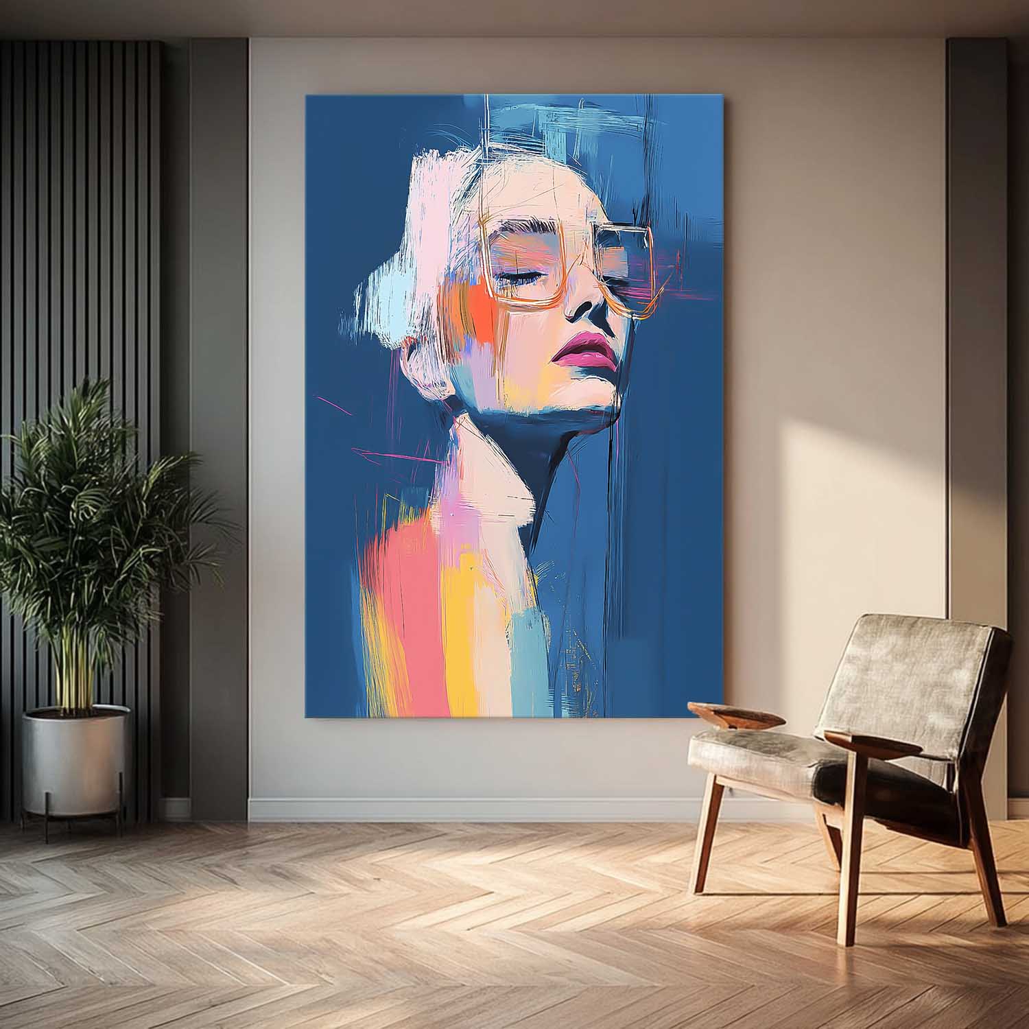 Nordic Style Portrait Canvas Abstract Female Oil Painting Bold Color Minimalist Wall Art For Living Room