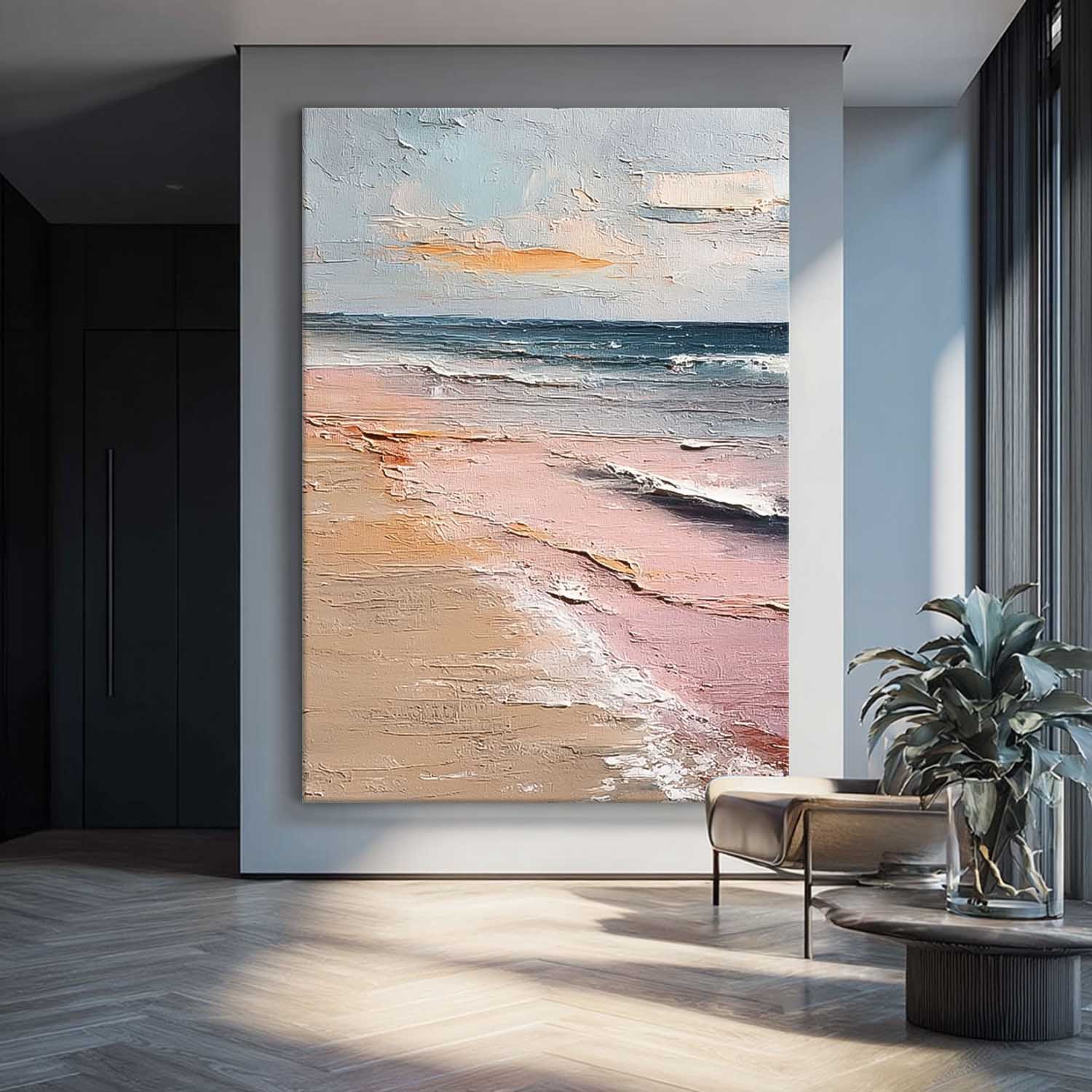 Pink Large Sea Wall Art Original Abstract Beach Oil Painting On Canvas Texture Artwork Home Decor