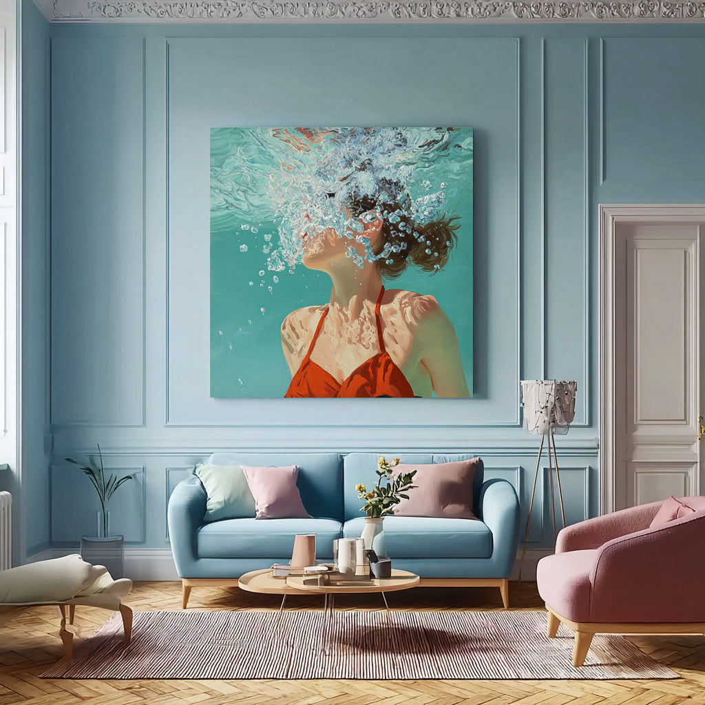 Square Diving In Ocean Sensual Woman Acrylic Painting Original Girl swimming Wall Art Lovely Lady Artwork