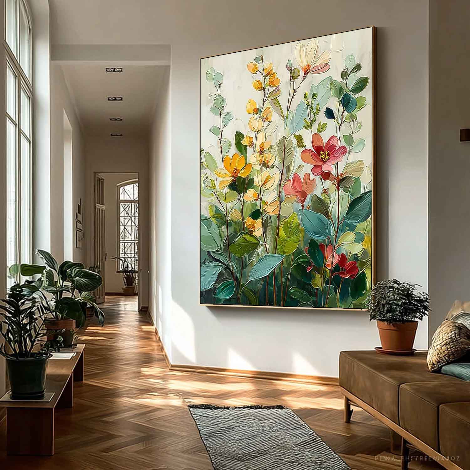 Large Flower Abstract Painting Canvas Original Green Artwork Texture Plant Wall Art For Living Room