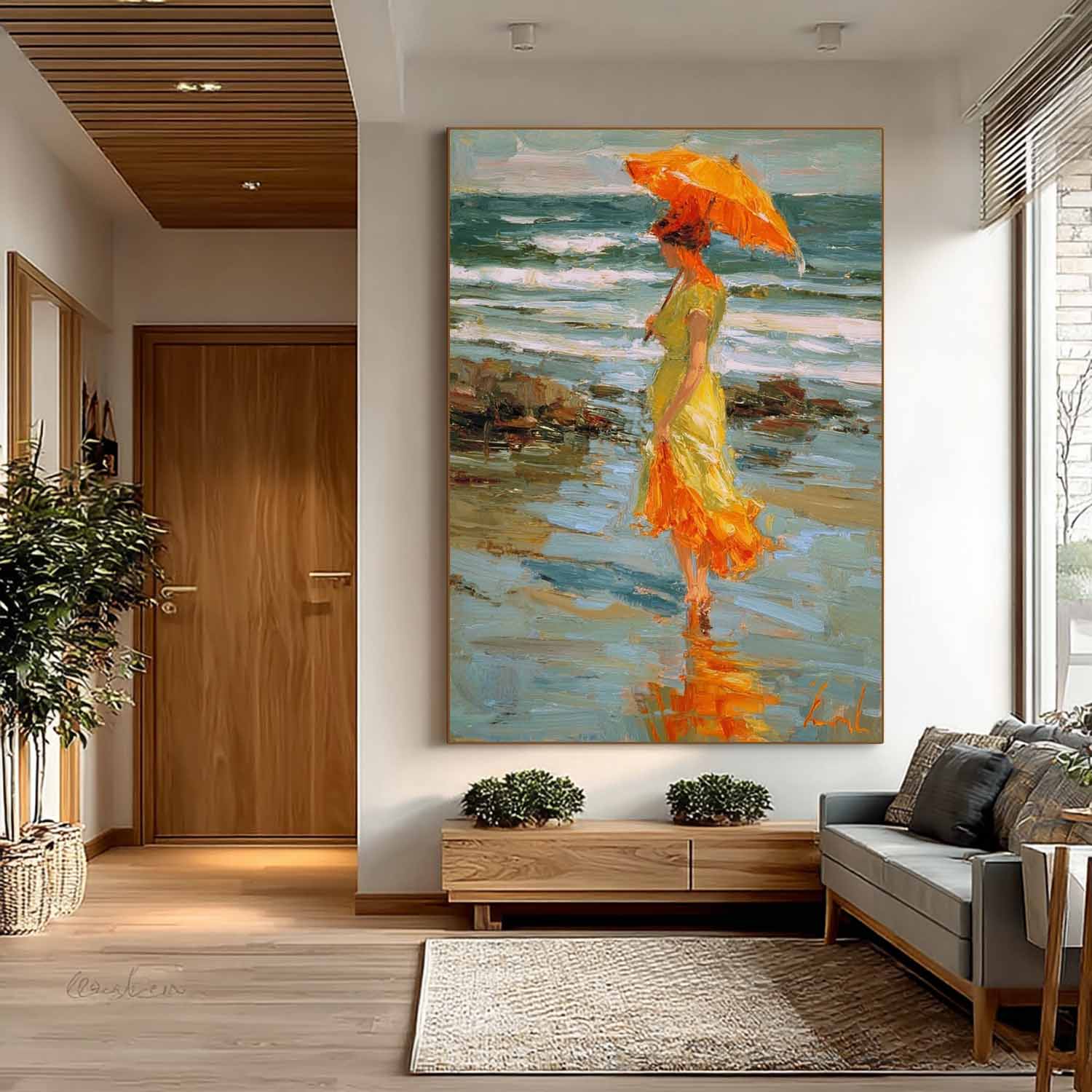 Original Handmade Art Elegant Woman In A Flowing Green Dress Painting Large Retro Unique Artwork Decor