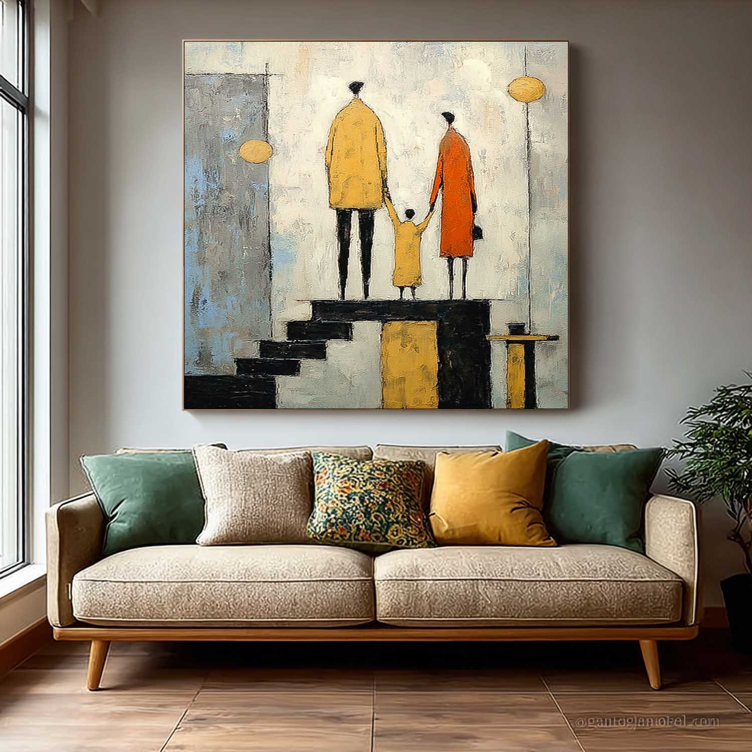 Square Original Neutral Background Oil Painting Minimalist Family Wall Art Modern City Silhouette Home Decor
