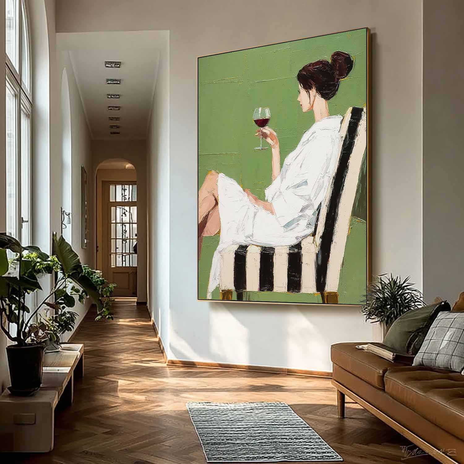 Abstract Lady Tasting Wine Oil Painting Canvas Original Beautiful Woman Wall Art Retro Figure Artwork